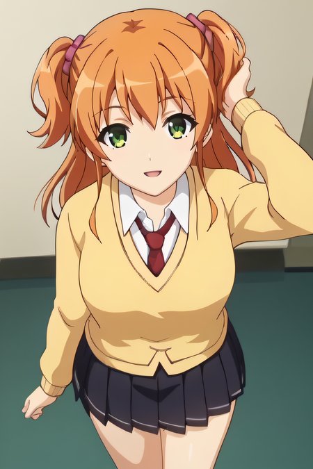 score_9, score_8_up, score_7_up, source_anime, rating_safe, intricate details, anime screencap, official style, 1girl, <lora:Riko:1>, riko, orange hair, two side up, green eyes, collared shirt, school uniform, yellow sweater, red necktie, black skirt, pleated skirt, scrunchie, looking at viewer, smile, indoor, cowboy shot, from above, thighs, parted lips, hand on hair