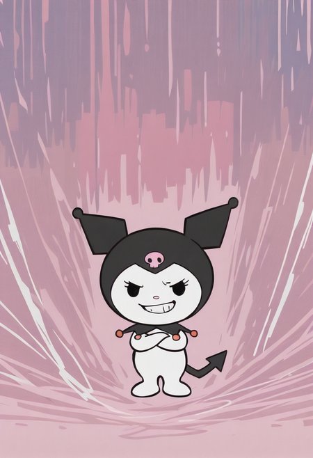 <lora:disco_elysium:0.8> disco_elysium
1girl, chibi, snickering, wide grin, full body, arms crossed,
painterly, abstract background, surreal, pink theme, portrait
 <lora:Kuromi-10-ill-:1> kuromi, <lora:StS_PonyXL_Detail_Slider_v1.4_iteration_3:2>