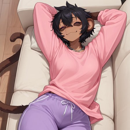 masterpiece, best quality, newest, absurdres, highres, furry, perfect anatomy, MewMewM,1girl,solo,furry,furry female,short hair,black hair,hair between eye,animal ears,purple eyes,necklace,body fur, brown fur,monkey tail, pink shirt, oversized shirt, purple pants, pajama pants, living room, couch, happy, smiling, lying, stretching arms, closed eyes,