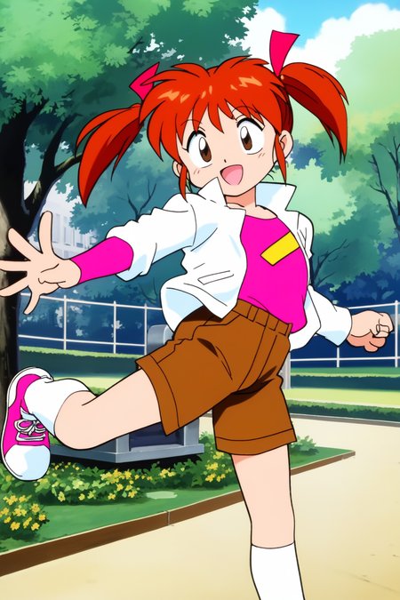 <lora:Ayame-chan_Pony_v1:0.7>,<lora:1990_Style_Pony:0.4>,<lora:add_detail:0.3>,
score_9,score_8_up,score_7_up,score_6_up,score_5_up,score_4_up,source_anime,
(masterpiece,highest quality,Super detailed,8k,High resolution,an extremely delicate and beautiful,Official Art,Perfect Anatomy:1.5),((90s anime,90s anime style,Cel-shaded anime,anime screencap,anime coloring:1.25)),(solo:1.5),
perfect face,beautiful,sexy,athletic body,shiny skin,
((Ayame-chan:1.52)),(orange hair, brown eyes, medium hair, twintails, sidelocks:1.4),(red hair ribbon:1.6),(short shorts, white jacket, roll up jacket sleeves, pink shirt, pink sleeves shirt, long sleeves shirt, short over long sleeves, brown shorts, white socks, white and pink sneakers:1.4),((dynamic pose, dynamic view,park:1.5)),