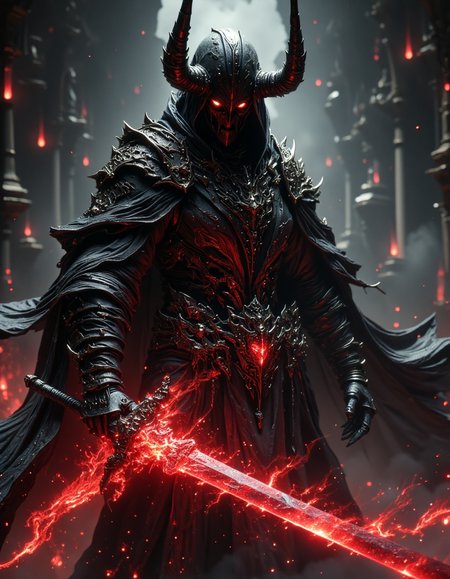 A foreboding futuristic robot figure garbed in black stands, donning a voluminous flowing robe and a sleek helmet with extremely long horns curving backwards, red glowing eyes pierce the dim light, an insanely glowing red massive katana illuminates the area, creating a stark contrast between the sharply defined character and the surrounding shadows, HKMagic, <lora:FantasyWizardWitchesFluxV2-000001:1>, <lora:Elden_Ring_-_Yoshitaka_Amano:0.4>, <lora:Dever_Flux_Enhancer:0.5>, <lora:FredFraiStyle-FLUX-Share:0.9>