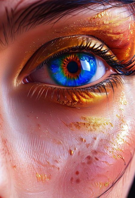Woman, body art, hyper realistic eye, Satin Sheets Gold, Sapphire Blue, Peacock Blue,  skin, close-up, chaotic, flaming, skin texture, pulsating, cinematic angle,