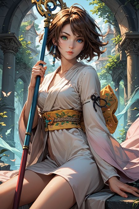score_9, score_8_up, score_7_up, score_6_up
<lora:FFYuna:0.8>
FFYuna, 1girl, brown hair, short hair, blue eyes, green eyes, heterochromia, robe, holding staff, mafic, sitting, dynamic pose