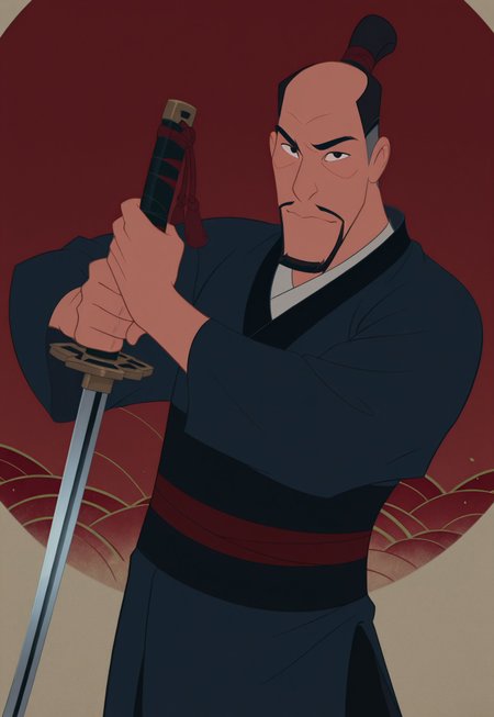 solo, masterpiece, detailed, ultra hd, best quality, 1boy, male, official art, w0lfc0nf, modern, new

DisneyFaZhou, black hair, facial hair, beard, topknot, japanese clothes, holding sword, combat pose