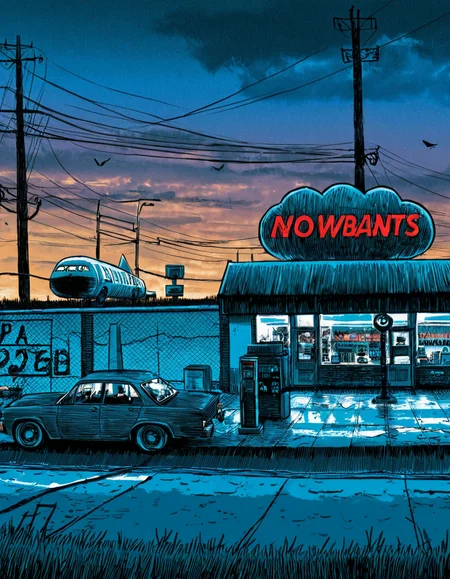 concept art  . digital artwork, illustrative, painterly, matte painting, highly detailed,
t1md0yl3, outdoors scenery, sky, cloud, tree, no humans, cloudy sky, 
a car parked in front of a convenience store,
building, motor vehicle, fence, car, road, vehicle focus, brick wall, lamppost, power lines, street, chain-link fence, utility pole,
nuclear power station stacks,
<lora:tim_doyle-SDXL-v1:1>