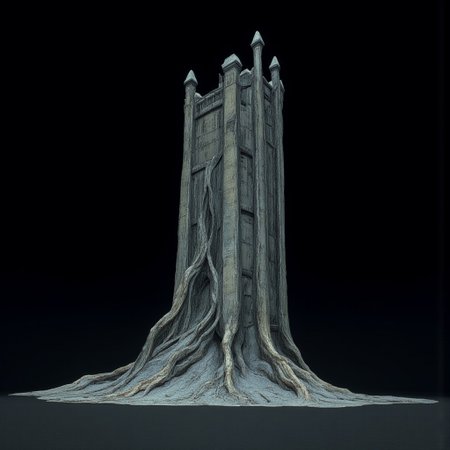 A Medieval Tower with elderscrolls inspired aestetics and legend of zelda
Set against a solid dark black color background to emphasize its unsettling unnatural form that emphasizes its silhouette. The medium is not a traditional painting or illustrative medium like watercolor or ink but rather a digital 3D rendering.
MikeFranchinastyle, d4artstyle, d4concept, , bbstyle,, horror theme,, zbrush, ZBClay model of a gray sculpture, 1990's, 1990's style