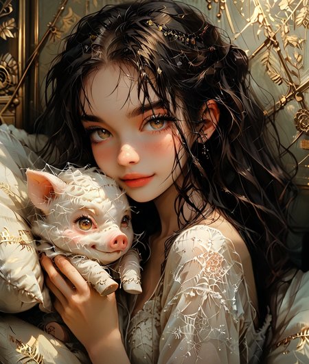 score_9,score_8_up,score_7_up,8K,4K,masterpiece,(best quality),highly detailed,ultra-detailed,
female spider essence holding pigsy,(gentle smile),(playful and cute expression),(looking at the other),(delicate hands wrapped around the pillow),(elegant and flowing hair),(traditional yet whimsical attire),(cozy indoor setting),(warm and soft lighting),(comfortable atmosphere),(detailed textures on the pillow),(slight blush on cheeks),(sense of relaxation and affection),(cute and heartwarming moment),(subtle shadows and highlights),(touch of fantasy),(charming and light-hearted scene),(chinese girl),(hair),(brunette girl),(black eye),(applying_makeup),forehead imprint,(eyeliner),(eyeshadow),<lora:p3tl0v3XLP> p3tl0v3,<lora:Cobweb style-000035:0.8>  ,cobweb style,silk,cocoon,covered in cobweb,
mountain pig,fluffy,pig teeth,<lora:spiderweb> spiderweb, cobweb,spiderweb,cobweb,<lora:GTHAN:0.8> GTHAN, Gothic,<lora:MJ52:0.7>,<lora:zKWzuiNDB9hAzDo9ytXWa:0.8>,<lora:DeepNegative_xl_v1:0.8> DeepNegative_xl_v1,<lora:detailed_hands:0.8> hand,long_eyelashes,tattoo,mascara,facial_mark,forehead_mark,<lora:1dkXLP:0.6> 1dk, portrait,