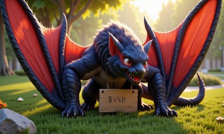hyperrealistic art of a dragon in a field, the dragon has a winged arm. the dragon has a red glowing eye, the dragon holding a sign that said BUZZ on its mouth. aidmaHyperrealism, mythp0rt, n4rg4cug4. extremely high-resolution details, photographic, realism pushed to extreme, fine texture, incredibly lifelike, Cinematic photography, movie mood, cinematic light, compelling composition, storytelling elements, conveys emotion, mood, and narrative depth, creating visually striking images that feel like still frames from a film,