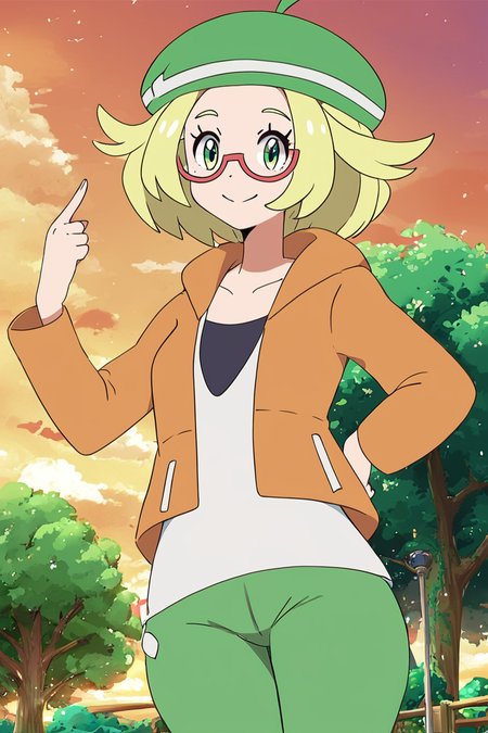 score_9, score_8_up, score_8, medium breasts, (curvy), cute, eyelashes,       BREAK, , ,,, zzBianca, blonde hair, short hair, green eyes, green hat, glasses, orange jacket, white shirt, green pants, <lora:Bianca_Pokemon_PDXL:0.8>,    ,,,, BREAK, smile, looking at viewer, cowboy shot, ,,, outdoors, sky, day, cloud, tree, blue sky, sunny,  ,,, Expressiveh, ,,, <lora:Alola_Style_PDXL:0.8>, <lora:Expressive_H-000001:0.4>,