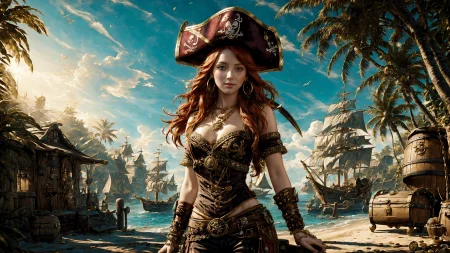 (young redhead pirate woman), ((oil paint) portrait), (parrot:1.2), sharp focus, (ultradetailed), (standing), (happy) smile, pirate (ship galleon:1.2,  hoop earrings, gold medallion, Dark Purple pirate clothes, pirate hat, hips,  pirate (village), leafy beach coast, (treasure chest with coins, gems and jewels:1.2), (rum barrel), best quality masterpiece,  bright sunny sky, backlight, natural lights, high contrast, hdr, shadows, pretty, beautiful, feminine, sexy, adorable, lovely, in love, (PirateDiffusionprt:0.5),  <lora:Pirate:0.3>  PrateT  <lora:PirateRealms:0.3> <lora:Detail Tweaker LoRA add_detail:0.8> <lora:depth_of_field_slider_v1:5> <lora:SDXLrender_v2.0:0.9>