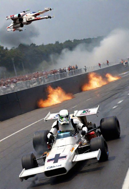 a storm trooper drifting a formula 1 X-wing seen from the side as it passes the onlookers