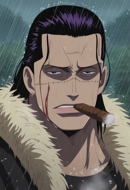 score_9, score_8_up, score_7_up, source_anime, rating_explicit, glint, sparkling, raining, wet, CrocodileOP, (black-purple_Croco_hair), Croco_scar across face, brown_Croco_cigar, Croco_injury, black eyes, 1boy, male focus, anime screencap, frown, shaded face,