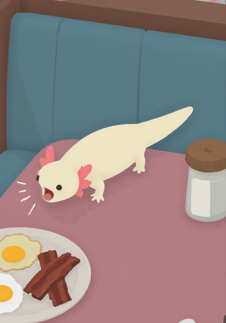 overhead perspective g00se art with smooth textureless style with muted pastel palette of, a tiny axolotl with pink frilly gills and round black eyes, barking with its mouth open with sound lines crawling on a diner table next to a plate with eggs and bacon<lora:g00se.safetensors:1.0:1.0> <lora:Axomodel_Flux_V2.safetensors:1:1>