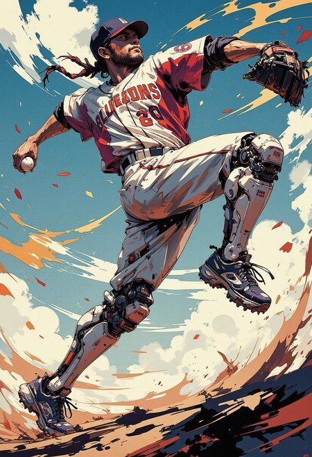 dynamic action pose, character throwing a baseball, leg raised high, robotic baseball player, full-body motion, intense focus, baseball mid-air, dramatic motion lines, wind streaks, energy and movement, sports intensity, cinematic framing, detailed athletic form