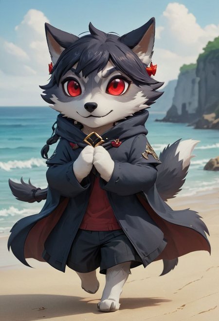 furry wolf, gray wolf, chibi, 
bad Wolf, with red eyes,  beach,
pants or shorts, furry body
full-length frontal view, flight phase during running, legs above the ground, wind blowing the cloak, fast running,
Hyperrealistic art high-quality portrait flat matte drawing of a cute Nendoroid and cartoon style, anime flat style, thick drawing, medium close-up", (solo:1.2), photorealistic:1.5, 8k, texture skin, realistic skin, detailed skin, highest detailed, extreme detailed, 8k wallpaper, colorful, (dark magic), ring with the stone, (intricate details), (hyperdetailed), 8k hdr, high detailed, lot of details, high quality, soft cinematic light, atmospheric perspective (focus on), color Ink wash painting, Extremely high-resolution details, photographic, realism pushed to extreme, fine texture, incredibly lifelike, two people, two children