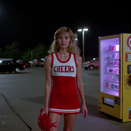 analog film photo 3/4 body shot of a perky 80s cheerleader with 80s blonde hair, glossy lips, and glazed-over eyes, standing alone in a dark high school parking lot under flickering fluorescent lights. She wears a blood-red and white cheer uniform, pom-poms at her sides, one sock slouched. Side lighting from a vending machine casts a pale pink glow. Captured on grainy 35mm film, slightly out of focus at the edges for a dreamlike analog vibe.  <lora:final-girlsv2.1:1> fgsv3 . faded film, desaturated, 35mm photo, grainy, vignette, vintage, Kodachrome, Lomography, stained, highly detailed, found footage, RAW candid cinema, 16mm, color graded portra 400 film, remarkable color, ultra realistic, textured skin, remarkable detailed pupils, realistic dull skin noise, visible skin detail, skin fuzz, dry skin, shot with cinematic camera