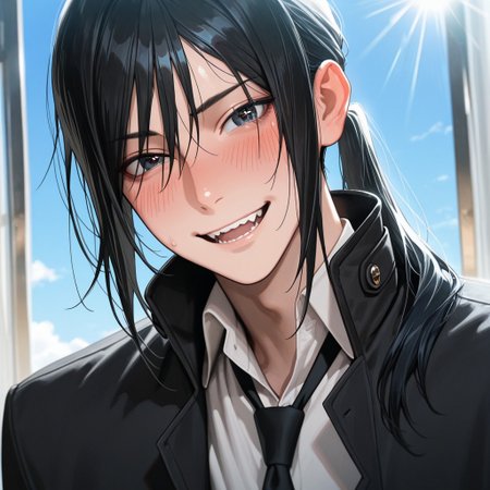 masterpiece, best quality, amazing quality, absurdres, newest, detailed background, definition so sharp, Ultra-HD, 8K cinematic, very awa, impressionate, amazing quality, highres, 
solo, male focus, manly, day, sunbeam, blue sky,
kurohyatogami, kuroh_black hair, kuroh_black eyes, 1boy, low tied hair, long hair, black coat, high collar, white collared shirt, black tie, 
excited, big smile, blushing, looking at viewer, sparkling eyes, proud