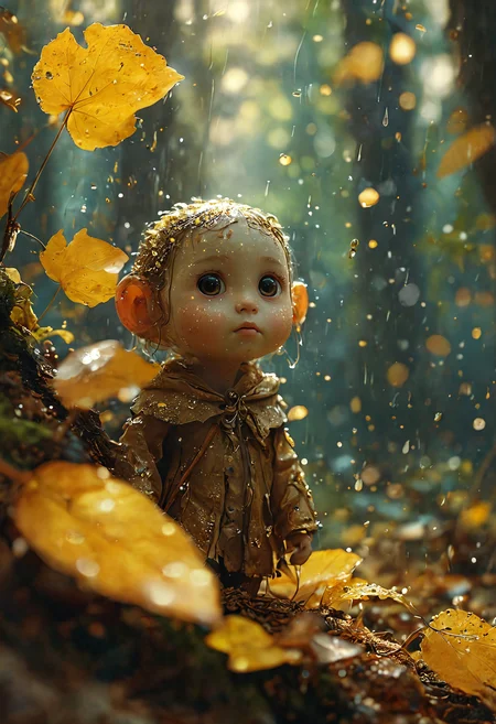 Portrait of cute tiny forest  people in a dense forest, gold luminescent eyes, standing under a leaf, raining, magical, bokeh, orbs, dust particles   by Odilon Redon, 4k, 8k, trending on artstation, artstationHD, artstationHQ<lora:add-detail-xl:1> <lora:MJ52:0.5>