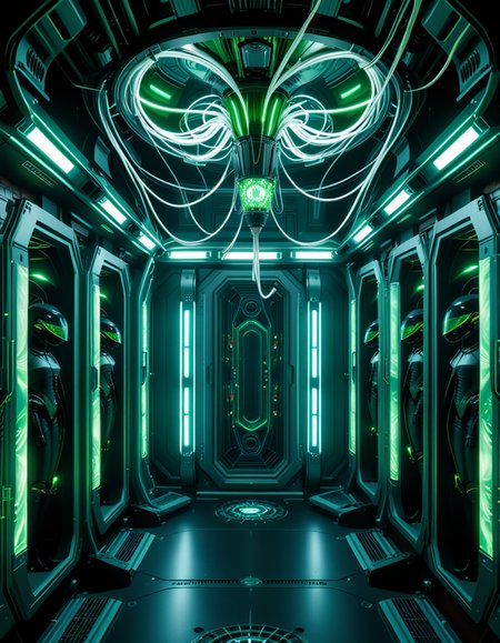 A dark, oppressive regeneration chamber deep within a Borg vessel â a biomechanical environment where drones return to recharge and interface with the collective. The chamber is dimly lit with pulsating green and white lights that flicker through dense shadows. The walls are lined with vertical alcoves, each containing a Borg drone standing motionless, plugged into the system via biomechanical tendrils, tubes, and neural interfaces embedded into their bodies.
The surfaces of the room are a fusion of metallic plating, organic texture, and cybernetic growths â as if the ship itself is alive, constantly shifting and adapting. Steam hisses softly from vents near the floor, and faint mechanical whirring echoes through the chamber. Fiber optic cables pulse with data transmissions, running across the ceiling like glowing veins. 
Above, a central neural conduit hangs like a mechanical spine from the ceiling, branching out and connecting to each alcove, feeding the collective hive mind with real-time information. The atmosphere is cold, sterile, and unnervingly silent â a place devoid of individuality, where only the will of the collective exists. There is no comfort here, only efficiency, order, and total control. 
<lora:SDXLFaeTastic2400:0.4> <lora:extremely_detailed:0.4> extremely detailed,<lora:borg_recharge_ch4mb3r:1>,borg recharge ch4mb3r, Masterpiece,best quality,hi res,8k,hi res,8k,award winning,(sharp focus, intricate, highly detailed),