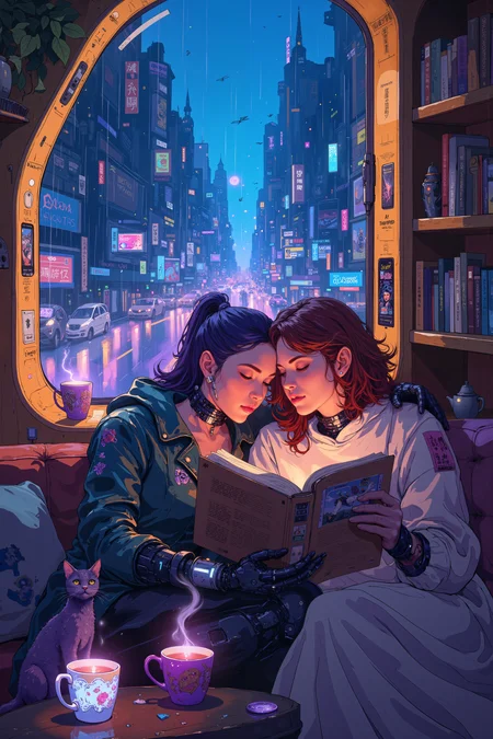 Inside a cozy, futuristic bookstore where holographic pages turn themselves and fairy-light drones hover between shelves, a couple cuddles together in a reading nook, their faces softly illuminated by the glow of floating text. The woman, a soft-spoken elf with chestnut curls and warm hazel eyes, leans against her girlfriendâs shoulder, completely engrossed in a digital fairytale that plays out like a tiny, shimmering theater in front of them. Her girlfriend, a punk-styled cyborg with undercut purple hair and glowing tattoos, smirks as she scrolls through a sci-fi comic on her wrist interface, occasionally stealing glances at her partnerâs enraptured expression. Outside, rain patters against the curved glass windows, distorting the neon city lights into a mesmerizing blur of blues and purples. A tiny robotic cat, its body sleek and metallic, curls up at their feet, purring softly as it absorbs warmth from the ambient energy of the store. A gentle mist of lavender-scented steam rises from the mugs of glowing tea beside them, adding to the warm, dreamy atmosphere. The elf sighs contentedly, nuzzling closer, and the cyborg chuckles, pressing a kiss to the top of her head before turning the page. , detailed background  Fantastic lighting. Detailed shadows.intricate details, vivid colors, hyper-detailed, ultra-sharp, ,  DB4RZ, DB4RZ style painting, NeoPigma, in the style of cksc, anime, cyberpunk, a masterpiece, award winning,<lora:CPA:0.5><lora:FLUX-daubrez-DB4RZ:0.3><lora:NeoPigmaV3:0.35><lora:ck-shadow-circuit-000021:0.35>