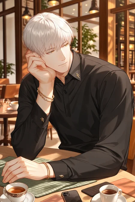 <lora:sariel-IL:0.9>,sariel, white hair, 1boy, male focus, cup, solo, yellow eyes, phone, teacup, holding, saucer, indoors, shirt, short hair, jewelry, cellphone, sitting, table, long sleeves, bracelet, collared shirt, blurry, plate, blurry background, cafe, smartphone, black shirt, head resting, facing to the side, yaoi,bara,male focus,very awa,masterpiece,best quality,amazing quality,nsfw,uncersored,highres,best quality,amazing quality,best aesthetic,absurdres,