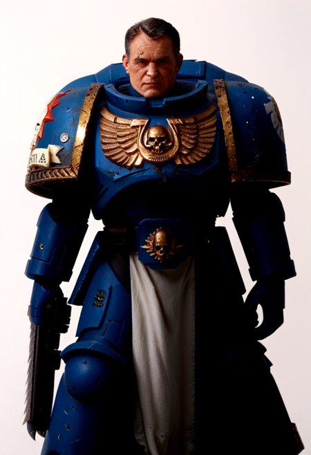 <lora:WH40K_Titus-PONY:0.9> whtitus, mature male, facial scar, black hair, black eyes, solo, ultramarine, emblem, pelvic curtain, pauldrons, power armor, cowboy shot, white background, absurdres, score_9_up, score_8_up, score_7_up, score_6_up, score_5_up, score_4_up, Source: Warhammer40K, chainsword