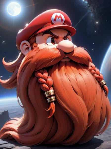 Mario's cap, Mario's hat, ultra detailed, masterpiece,  Harry_Dwarf,  dwarf-like, flowing long red beard, twirly moustache,bald, bangles, <lora:Harry_Dwarf_1.5:1>, back lighting, beautiful lighting, rocky planet background, galaxy in sky,