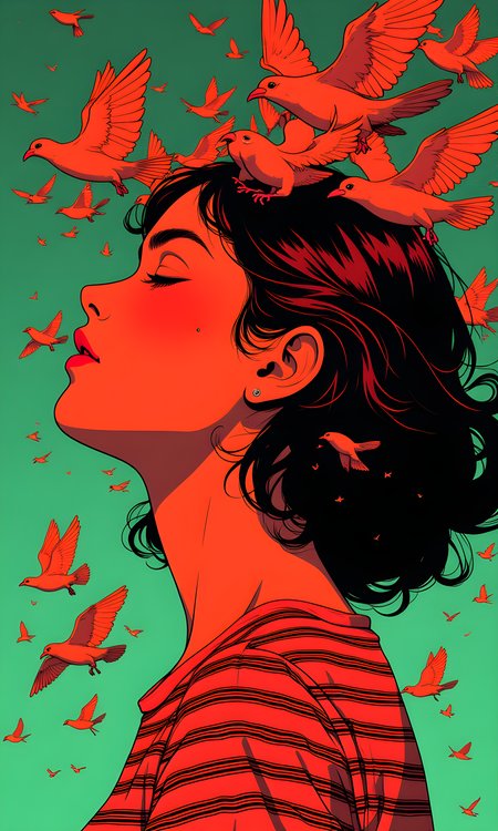 A striking and surreal piece of digital art featuring a woman's face and upper body. The background is filled with numerous birds in flight, creating a sense of movement and dynamism. The color palette is dominated by bold reds and greens, which are used in a contrasting and vibrant manner.
The woman is depicted in profile, with her eyes closed and a serene expression on her face. Her hair is styled in loose waves, and she is wearing a striped top that matches the colors of the background. The birds appear to be emerging from or surrounding her head, adding an element of fantasy and otherworldliness to the image.
The overall composition is visually captivating, with the interplay of colors, lines, and shapes creating a harmonious yet unexpected visual experience. The combination of the woman's calm demeanor and the dynamic birds creates a powerful and memorable image.
BREAK anime, d13s3lp2nk, bboil artist style, OBdonman, <lora:FLUX\Synesthesia:0.2>, <lora:FLUX\RetroAnimeS1.1:0.4>, <lora:FLUX\Flux-jijia:0.1>, <lora:FLUX\It's a LoRA for portraits, BUT! actually specialized in backgrounds. v1.0:0.1>, <lora:FLUX\GLSHS:0.2>, <lora:FLUX\Dieselpunk Delight - s0_9 g4:0.4>, <lora:FLUX\OBdonman, anime0style portrait:0.1>