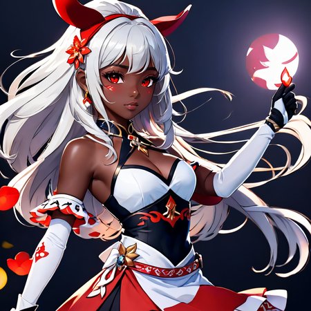 1girl, 3d, black background, cowboy shot, dark skin, dress, fingerless gloves, genshin_mualani, gloves, hair ornament, long hair, profile, red eyes, sandals, simple background, skirt, solo, white gloves, white hair <lora:Genshin_Mualani_pony:1> <lora:aidma-Image Upgrader-v0.1:1>  perfect hands <lora:MHXL_Scrantelly_Slimjane:.5>
