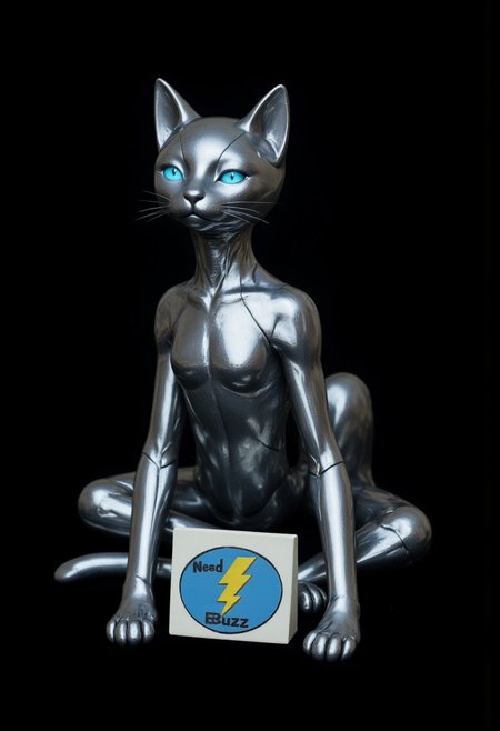 ((aidmaimageupgrader))
A hyper-realistic, ultra-detailed image of a futuristic chrome cat with a smooth, reflective silver body. Its eyes glow soft blue, and it sits with a subtle tilt of its head. Between its paws is a small sign with a blue and yellow thunderbolt symbol, reading ‘Need Buzz.’ The background is a solid black color, giving a contrast to the cat. The cat’s simple design and quiet expression give it a charming, modern feel.
