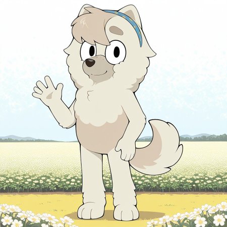 Judo(B), Solo, 1girl, anthro, female furry, dog girl, chow chow, white and gray fur, fluffy fur, bangs, fluffy tail, black eyes, freckles, blue and yellow hairband, looking at viewer, full body, standing, smile, waving at viewer, flower field background,