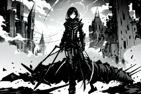 highly insanely detailed, masterpiece, top quality, best quality, highres, 4k, 8k, RAW photo, (very aesthetic, beautiful and aesthetic),  
tsutomu nihei,nihei_tsutomu,blame!,blame gakuen!,abara,TNstyle,sidonia_no_kishi,(hangar,giant room,mausoleum,city ruins,stairs,deep horizon,sidonia \(ship\),space,spacecraft,lab,megastructure in background),star \(sky\),starry sky,cables,tubes,industrial pipes,machinery,foggy,steam,smoke,blm,vast scenery,perspective,dark background,no human,flock,open space,empty, 
<lora:ABARA:1>, 
(1girl:1.3), 
solo focus, 
downtown,city,pure green background,pure purple background,pure yellow background,(Abstract colored fractal background,psychedelic color background,colored smoke background),âââ
