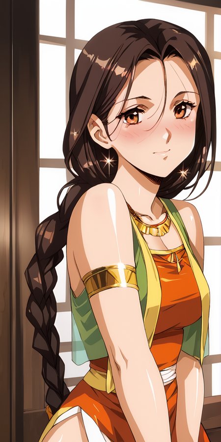 1girl, absurdres, uncensored, (sparkle:1.5)
score_9, score_8_up, score_7_up, score_6_up, source_anime, zPDXL3,
(mature female), cowboy shot,
BREAK.
indoors, seductive smile, smile,
BREAK
BREAK
Linaria, brown hair, braid, jewelry, long hair, necklace, vest, hair ornament, armlet, twin braids, red eyes, bare shoulders, 
<lora:Urushihara Satoshi_XL_PONY_V2:0.9>,<lora:GargantiaontheVerdurousPlanet:0.8>
