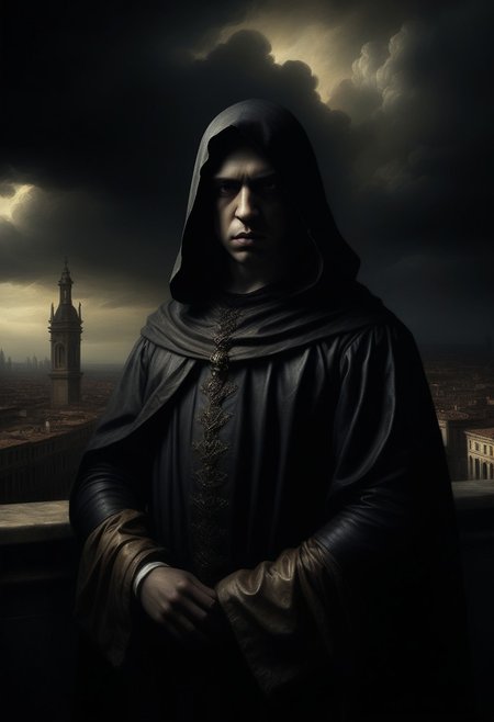 ((dark Renaissance by Bartolome Murillo)) ((an ancient Gothic city stands in the middle of a futuristic city of the future)), tragic scene, dark clouds, half-turned gaze at the viewer, ((in the style of Bartolome Murillo)), dark Renaissance, gradient of an aged yellowed canvas, ((best quality, masterpiece)), (higher detail right), impressionism: 1.1, 8k