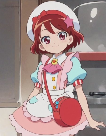 score_9, score_8_up, score_7_up, anime screencap, solo,1girl skirt,  apron,ascot bow,white beret,short hair, smile, star hair ornament,  red hair, bag,  red eyes, brown hair,  looking at viewer, cowboy shot,blush <lora:kenjoumiku:0.8>
