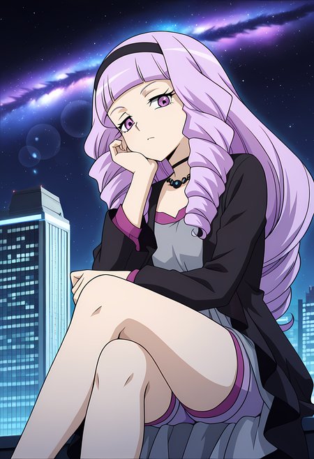 masterpiece,best quality,amazing quality,

solo, 

Rin Hashima (Cardfight Vanguard), long hair, purple hair, blunt bangs, drill hair, purple eyes, black hairband, jewelry, black necklace, choker, gray inner dress, black dress, long sleeves, light purple shorts,

looking at viewer, cheeks leaning on arm, hair twirling,

cinematic, crossing legs, 

Outdoors, night, On top skyscraper, sci-fi city, (galaxy sky:1.2),

Lens flare, bloom, detailed shadow,

Official style, anime screencap, anime coloring,












