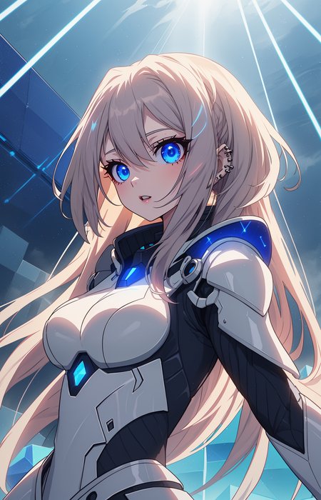 (anime screencap:1.2),  <lora:G_G2.0:0.7> Goth girl, Goth girl 1girl
Anime-style female character wearing futuristic armor, set against a background of blue 3D cubes, intricately detailed, dynamic pose, high contrast, dramatic lighting,
Character floating, as if suspended in zero gravity,
Volumetric light beams cutting through the blue cubes,
Geometric patterns subtly overlaying the background, 
Foggy atmosphere, with rays of light piercing through