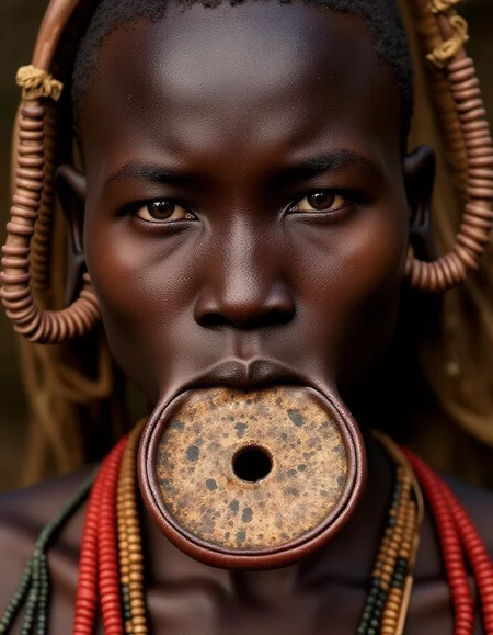 a Murs1 woman, showcasing her distinct facial features and traditional adornments. Her skin is a rich, deep brown, with high, prominent cheekbones and a broad, flat nose, emphasizing her striking natural beauty. Her piercing gaze exudes strength and wisdom, a reflection of her cultural resilience. Her ears are adorned with intricately designed wooden or clay plugs, extending her earlobes in traditional style. Around her neck are multiple layers of carefully hand-strung, colorful beaded necklaces, each bead telling a story of heritage and identity. Her hair is styled in short, tight braids coated with organic mud and natural pigments in earthy ochre tones. The iconic large ceramic lip plate (dhebi a tugoin) accentuates her appearance, decorated with fine hand-painted patterns symbolizing Murs1 artistry. Every detail, from her facial features to her traditional jewelry, is rendered in highly realistic textures and vibrant detail, capturing the essence of her identity within the cultural context.
<lora:mursi:1>
 <lora:style_of_H._R._Giger_FLUX_295:1> style of H. R. Giger, beautiful light set up,  dynamic range  lighting, RAW candid cinema, 16mm, color graded portra 400 film, remarkable color, ultra realistic, textured skin, remarkable detailed pupils, realistic dull skin noise, visible skin detail, skin fuzz, dry skin, shot with cinematic camera