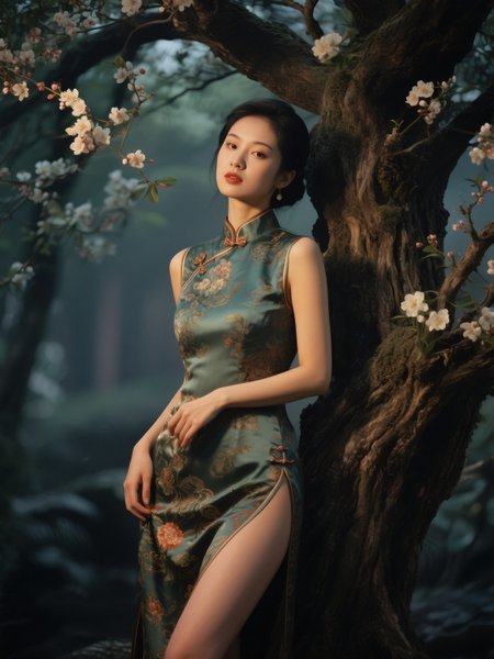 RAW full body analogue photo of a beautiful 25 years old Asian woman, clear focus, high resolution image, Wearing traditional chinese clothes,low light, soft natural light, Rembrandt style light, Hasselblad DLSR camera, 200mm Zeiss lens, f/2.8 ,Sexy pose, erotic pose, exhibitionism, ,((ancient tree of life with otherworldly blossoms))