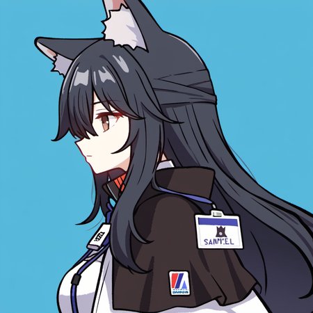 1girl, texas (arknights), by kodoto, animal ear fluff, animal ears, black capelet, black hair, breasts, brown eyes, capelet, from side, hair between eyes, id card, jacket, long hair, medium breasts, profile, sample watermark, solo, upper body, white jacket, wolf ears