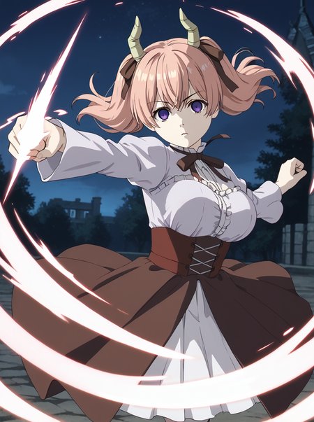 detailed background, posing,
<lora:linie.pony:1>
linie, 
medium breasts, empty eyes, 
holding weapon,
fight stance, glowing pupils,
night, dark, looking at viewer, floating skirts, large breasts, bouncing breasts,