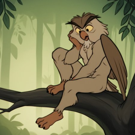 score_9, score_8_up, score_7_up, score_6_up, score_5_up, score_4_up, source_furry, Archimedesowl, anthro, male, owl, brown feathers, yellow sclera, black eyes, sitting, on branch, forest, wings