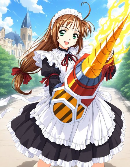 general,highres, game cg, ultra-detailed,very aesthetic,best quality ,best hands,  BREAK  <lora:Spiral_Nami_IS:1>drii_nami, solo, brown hair, green eyes, drill,   maid apron, maid headdress, 
weapon, ahoge, ribbon, maid, long hair, low-tied long hair, open mouth. drill arms,
smile,looking at viewer, cowboy_Shot,
day,  sky, 2000s \(style\),anime coloring, 
aura, magic aura, smile,  water drop,