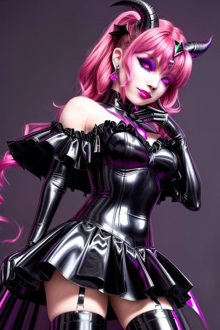 SuccubusT, EvlSM, MEvil, Bad_End_Precure, DarkPrecure, adult, evil corrupted princess wearing dark pastel (ruffled:1) (gleaming latex:1)  gown with (long latex cape:1) and latex elbow gauntlets, soft lighting, ruffles,
(red eyes, colored skin, glowing eyes, evil smile),
(makeup, lipstick, mascara, eyeshadow),
(demon horns, demon wings),
<lora:more_details:1>,