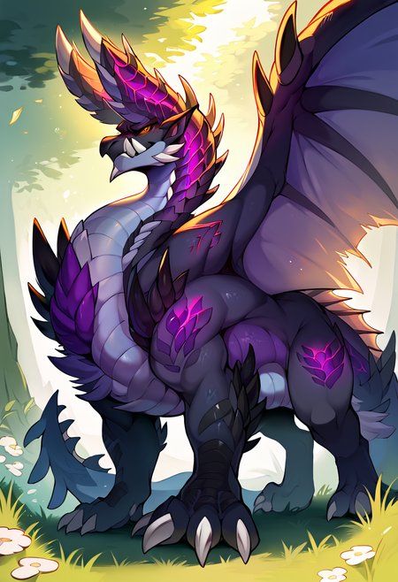 <lora:MH_Alatreon_a1_16_PonyXL-000010>,<lora:PDXL_artist_tags_v2:0.8>,score_9,score_8_up,score_7_up,source_furry,alatreon,feral,glowing purple,by smewed,(by claweddrip:0.5),solo,hi res,detailed background,forest,
looking at viewer,extreme detail,dynamic lighting,cinematic lighting,detailed eyes,tail,red sclera,yellow eyes,wings,hands on ground,