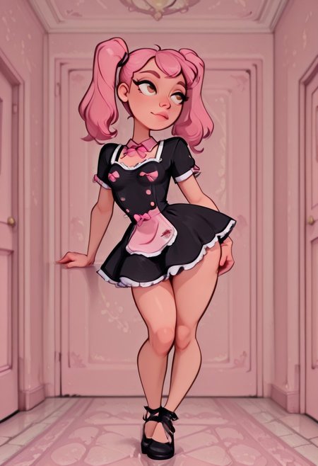 solo, 1girl(femboy, pink hair, dual ponytails, hazel eyes, small breasts, standing), Dynamic angle, Dynamic pose, NSFW, smoove, maid dress, pink bow, frills, short sleeves, on hands and knees on the floor with ass up