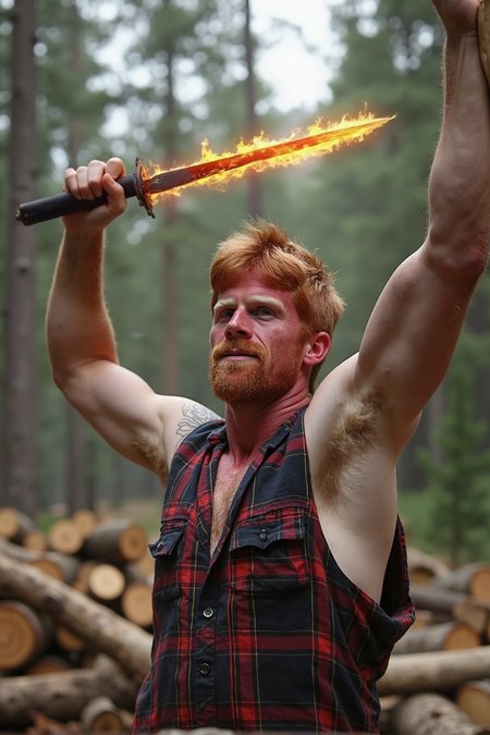 A stunning high-resolution photograph of Aric, a striking ginger man,An action-packed close-up shot of Aric, the ginger warrior, standing ready with a sword of mesmerizing red and yellow fire. The flames dance with fantasy and excitement, casting a warm glow on his face, which exhibits fierce determination. In this serene forest background, ancient trees loom behind him, their trunks bathed in soft light, creating a magical contrast between the natural world and the fiery weapon he wields. The focus captures the intense moment as he prepares to strike, with the surrounding flora blending seamlessly into the magical scene. Created Using: macro photography, cinematic lighting effects, vibrant color interplay, expressive emotion, natural setting, action-oriented composition, high-definition detail, storytelling perspective