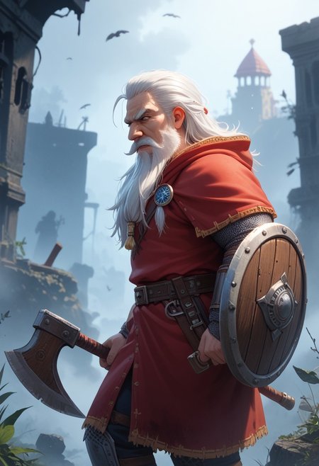 score_9, score_8_up, score_7_up, (solo:1.3), 
old male, Dwarf, mature, realistic, axe and shield, short stature, white hair, beard, moustache, big nose, angry, holding axe, berserk, highly detailed, 
source_anime, fog, (in the fog),  ruins, surrounded by fire , medieval,  fantasy,  
side view, Expressiveh, solo focus,  (blurry background) , masterpiece, silhouette,