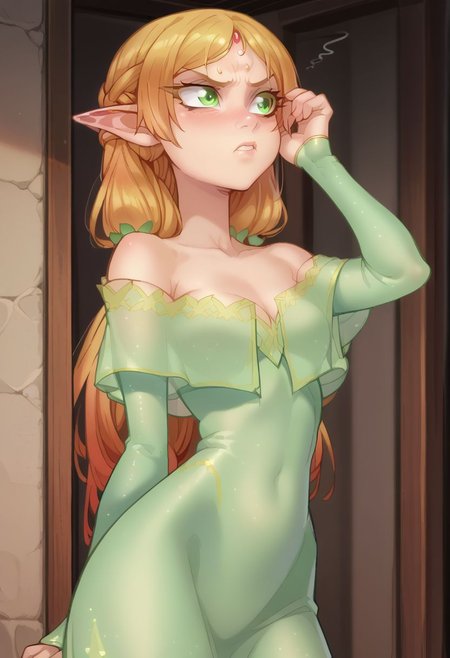 score_9, score_8_up, score_7_up, score_6_up, score_5_up, score_4_up, best quality, masterpiece, uncensored,BREAK ,   tsundere elf, long hair, blonde hair, green eyes, pointy ears, elf, multicolored hair, forehead jewel,elf, dress,1girl,solo