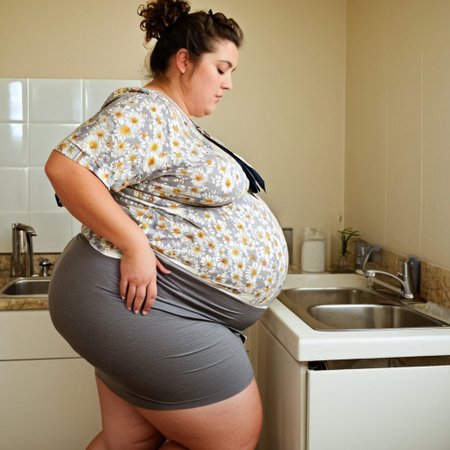 Morbidly obese mommy, ssbbw, (diaper under gray skirt:1.7), (gigantic pregnant belly:1.7), wide hips, (twerking her fat butt while washing dishes:1.7), (tripple pregnancy:1.6), sexy ssbbw, (wet hair:1.4), (sweaty body:1.4), (huge breasts:1.5), (flowery shirt:1.9), (curly hair tied with a bow:1.7), in good mood, (light makeup:1.3), (washing dishes:1.7), (side profile:1.6), (fat hips:1.8), cinematic, film grain, gritty